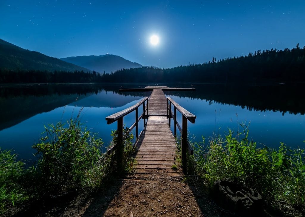 Wooden Dock Overlooking Lake Under Moonlight