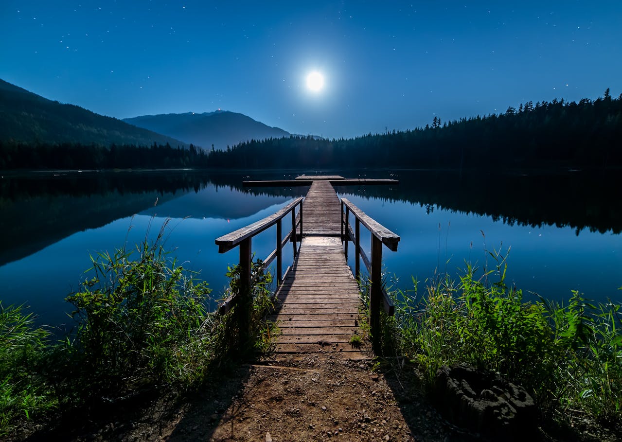 Wooden Dock Overlooking Lake Under Moonlight