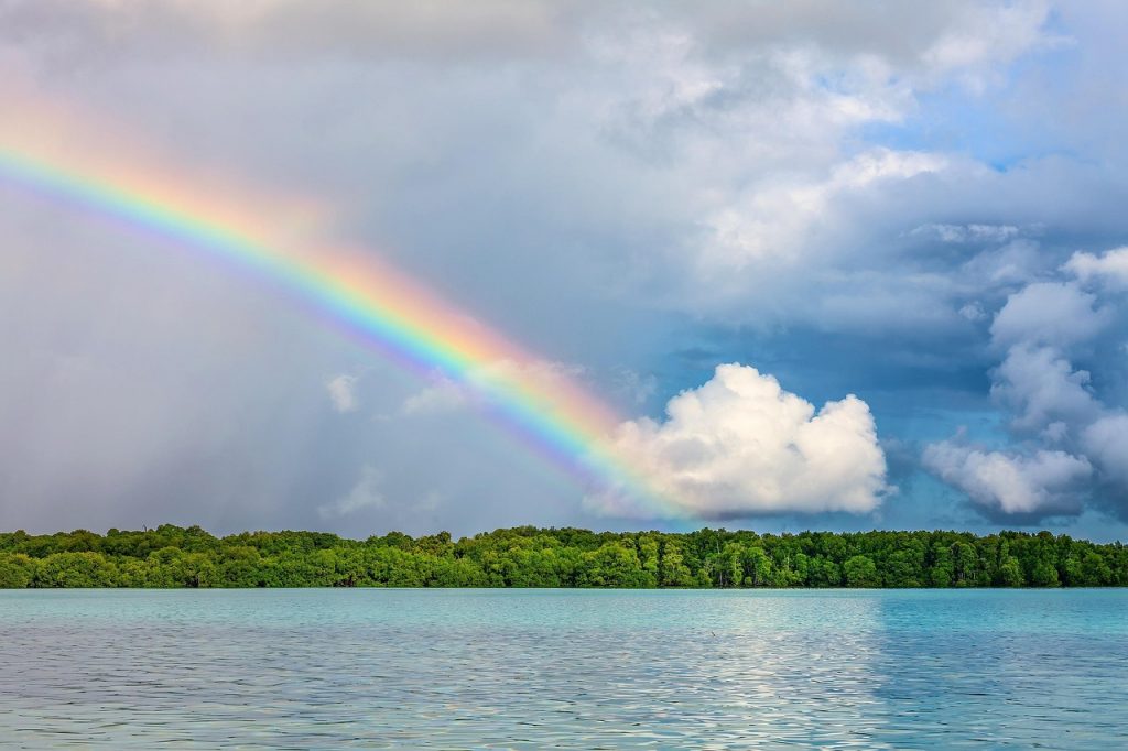 Rainbow Over Calm Lake With Tree-Lined Shore And Dramatic Cloudy Sky