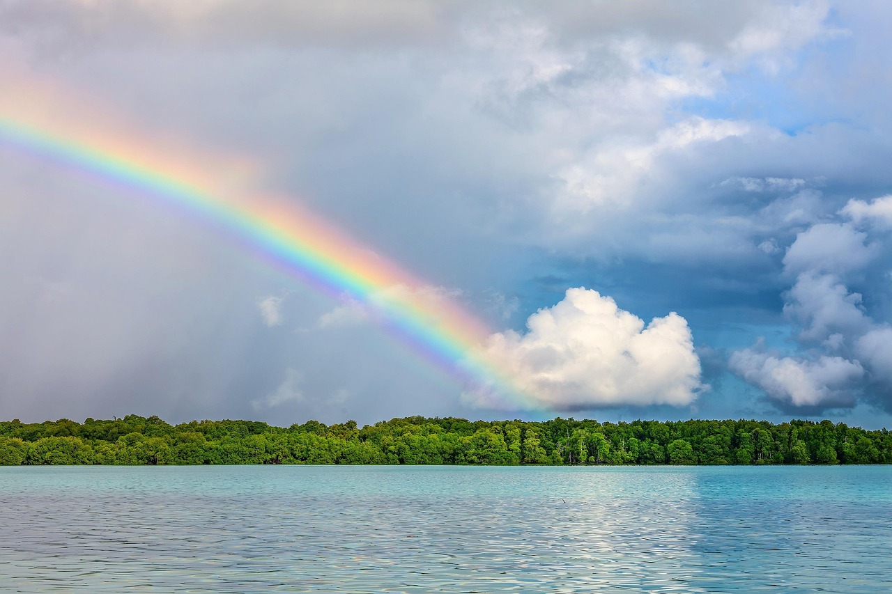 Rainbow Over Calm Lake With Tree-Lined Shore And Dramatic Cloudy Sky